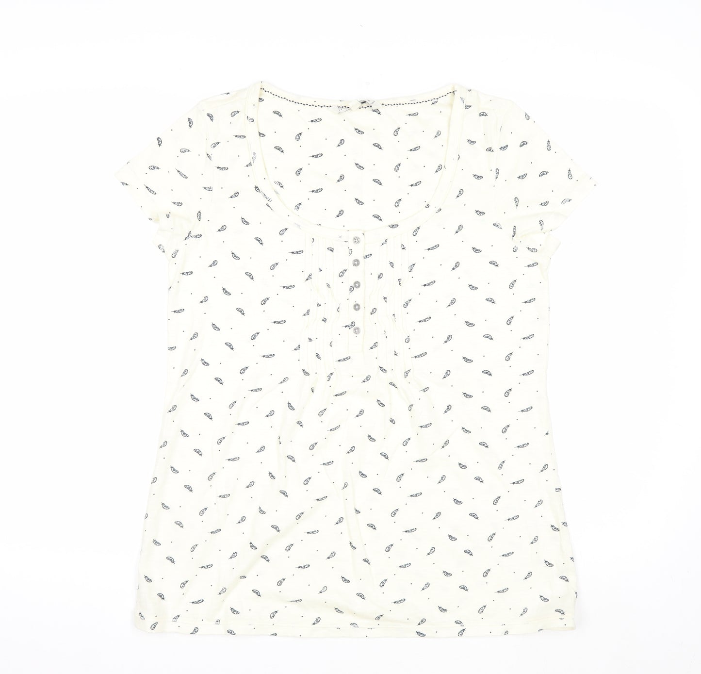 Fat Face Women Ivory Feather Print Button Front T-Shirt Size 12
