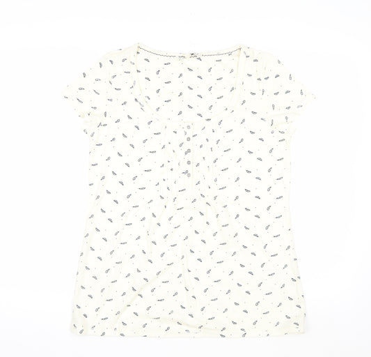 Fat Face Women Ivory Feather Print Button Front T-Shirt Size 12