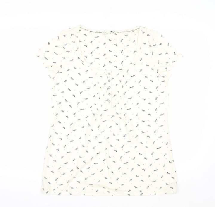Fat Face Women Ivory Feather Print Button Front T-Shirt Size 12