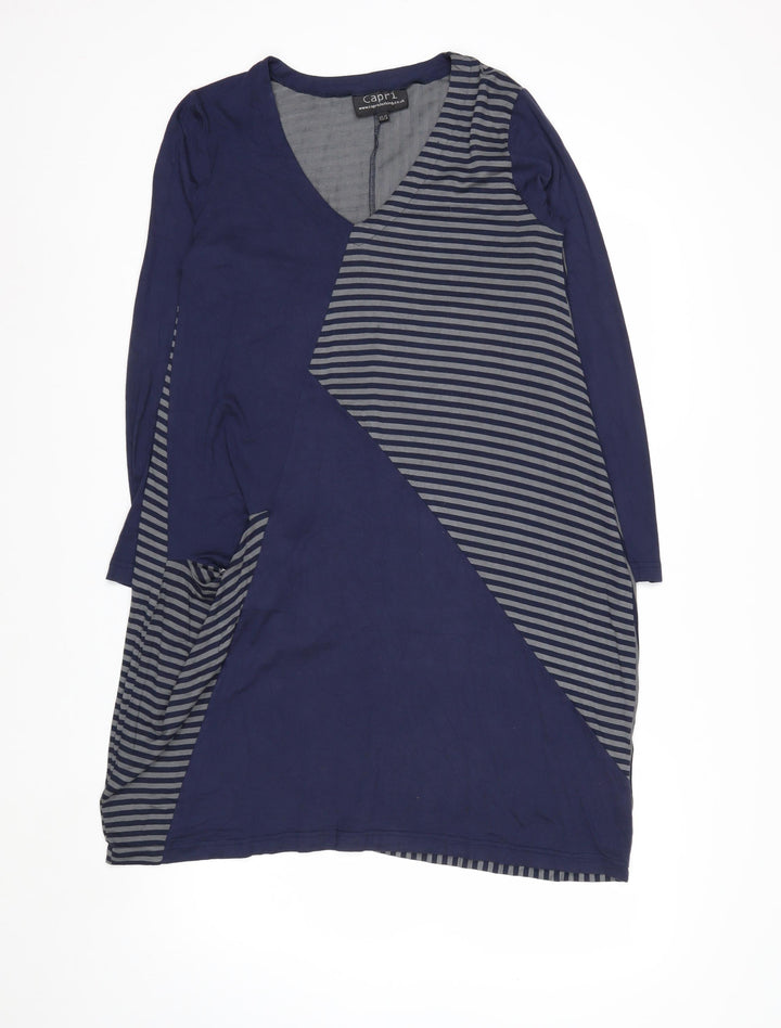 Capri Women Blue Striped V-Neck Long Sleeve Shift Dress XS