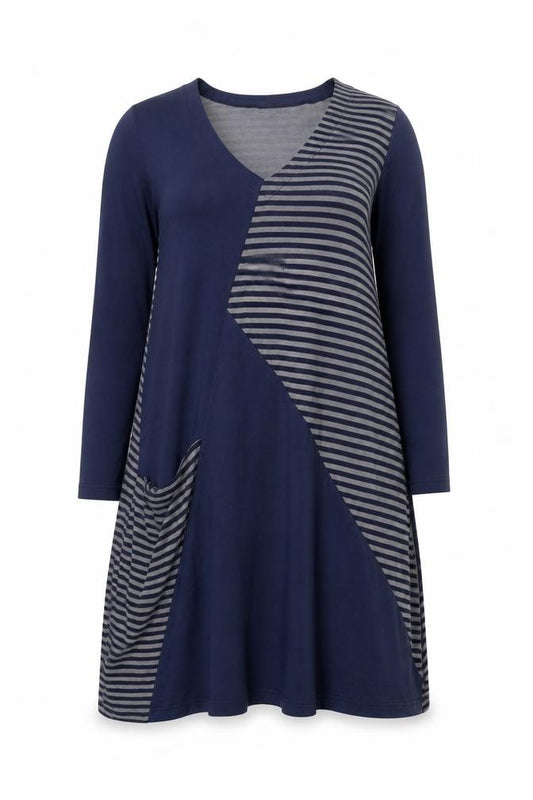 Front view of Capri Women Blue Striped V-Neck Long Sleeve Shift Dress XS