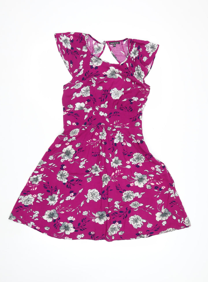 Warehouse Women’s Pink Floral Fit & Flare Dress Size 10 Summer