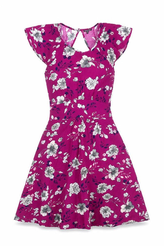 Front view of Warehouse Women’s Pink Floral Fit & Flare Dress, size UK 10, Summer