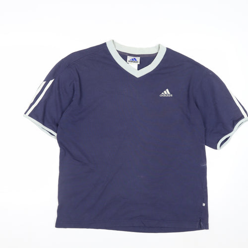 Adidas Men Blue V-Neck Short Sleeve Sports Cotton T-Shirt M
