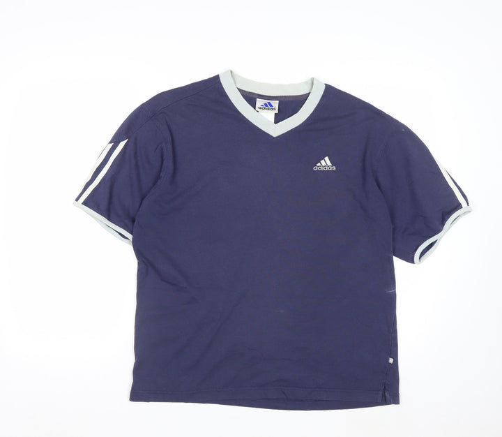 Adidas Men Blue V-Neck Short Sleeve Sports Cotton T-Shirt M