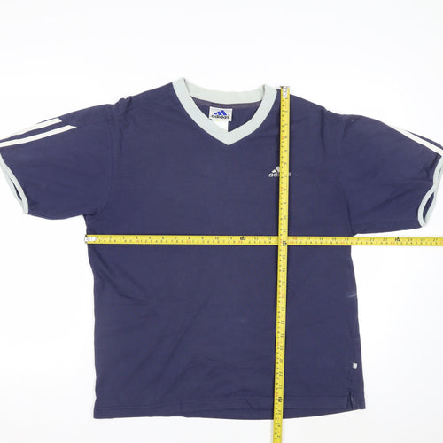 Adidas Men Blue V-Neck Short Sleeve Sports Cotton T-Shirt M