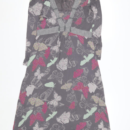 White Stuff Women's Grey Butterfly Print V-Neck Midi Dress Size 10