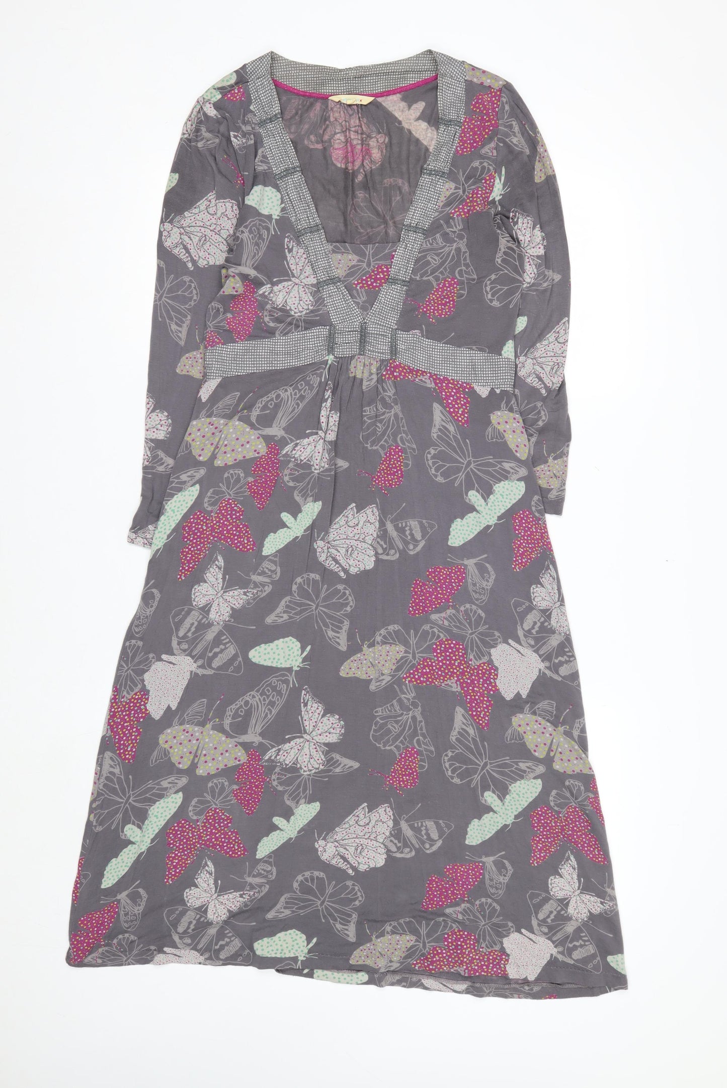 White Stuff Women's Grey Butterfly Print V-Neck Midi Dress Size 10