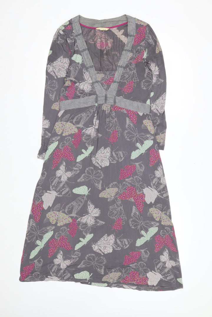White Stuff Women's Grey Butterfly Print V-Neck Midi Dress Size 10