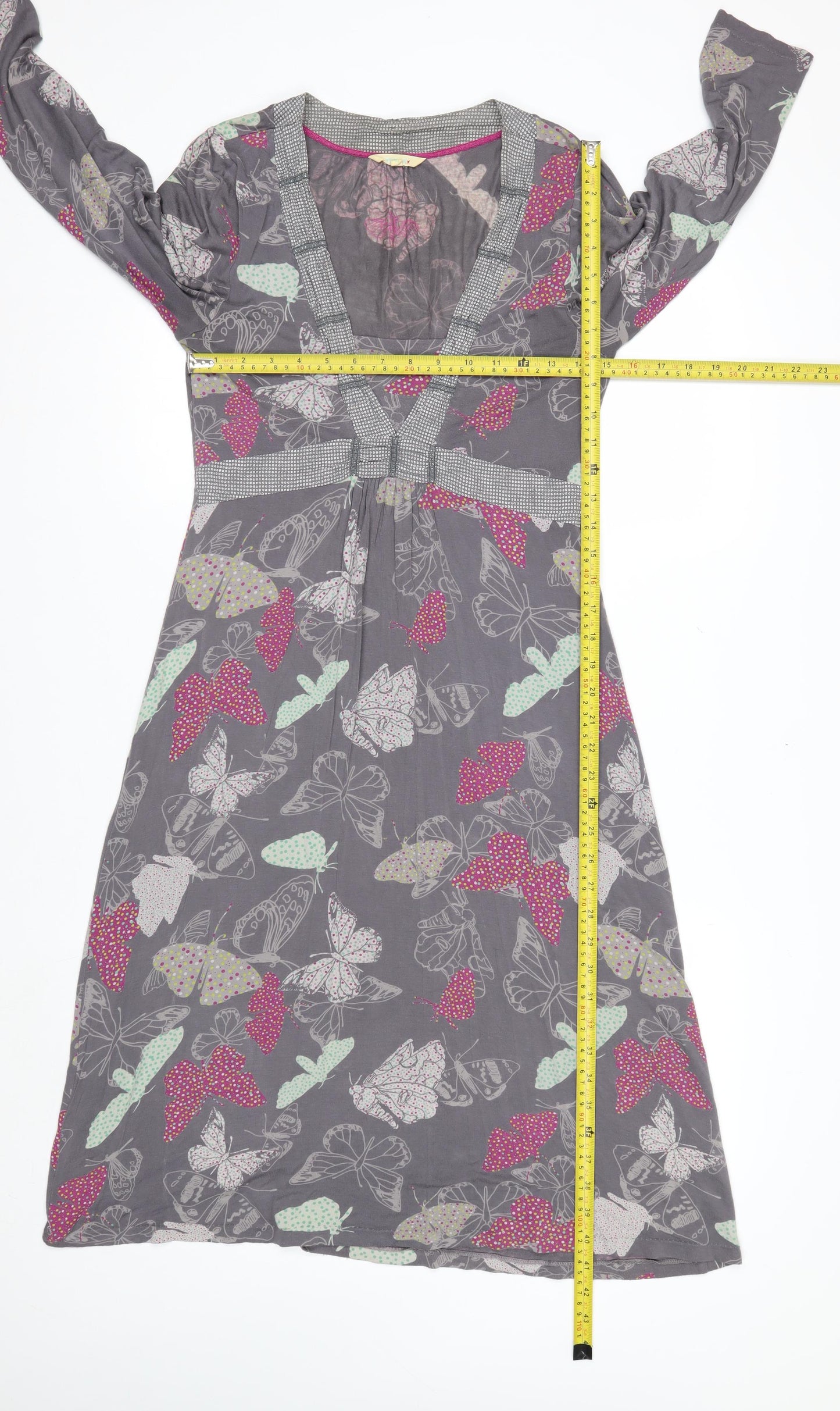 White Stuff Women's Grey Butterfly Print V-Neck Midi Dress Size 10