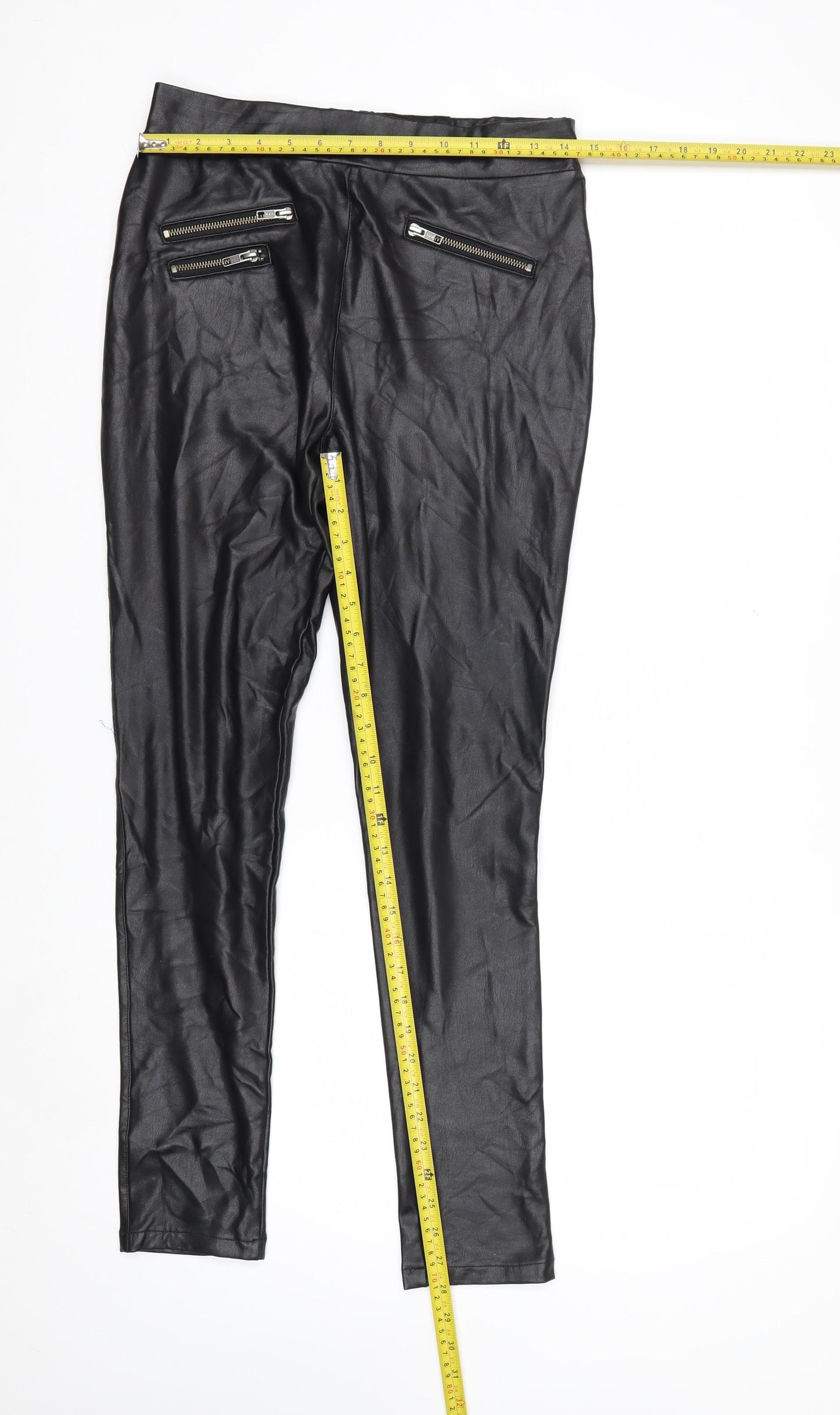 Sosandar Womens Black Size 10R Faux Leather Zip Pocket Leggings