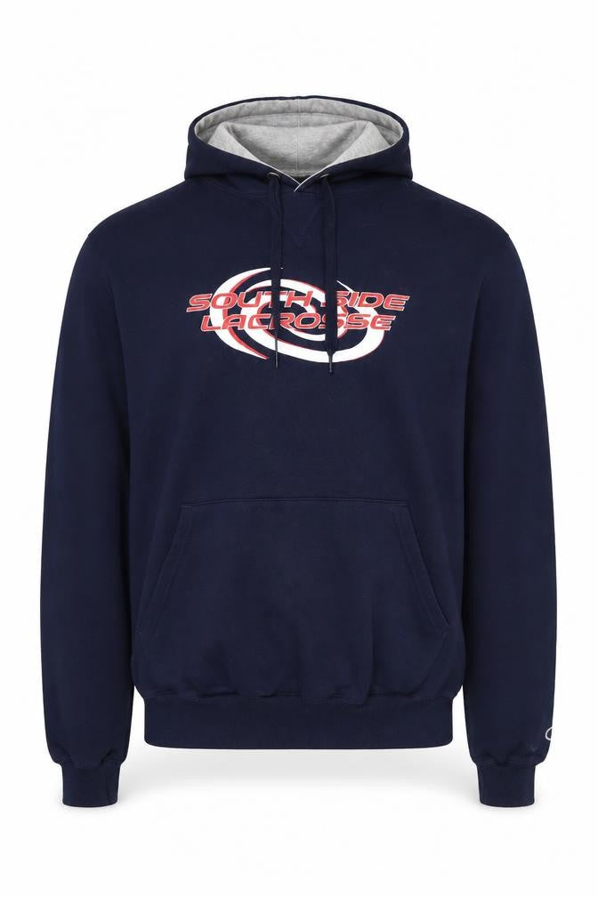 Front view of Champion Men's Blue Pullover Hoodie, size M, Sports Graphic