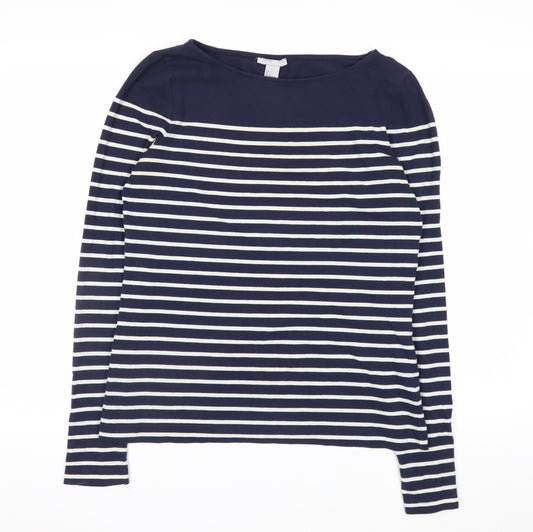 H&M Women Blue Striped Boat Neck Long Sleeve Cotton Top Size L