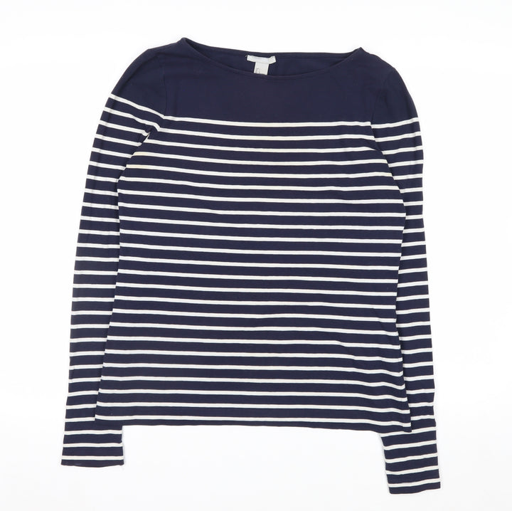 H&M Women Blue Striped Boat Neck Long Sleeve Cotton Top Size L