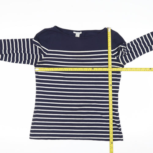 H&M Women Blue Striped Boat Neck Long Sleeve Cotton Top Size L