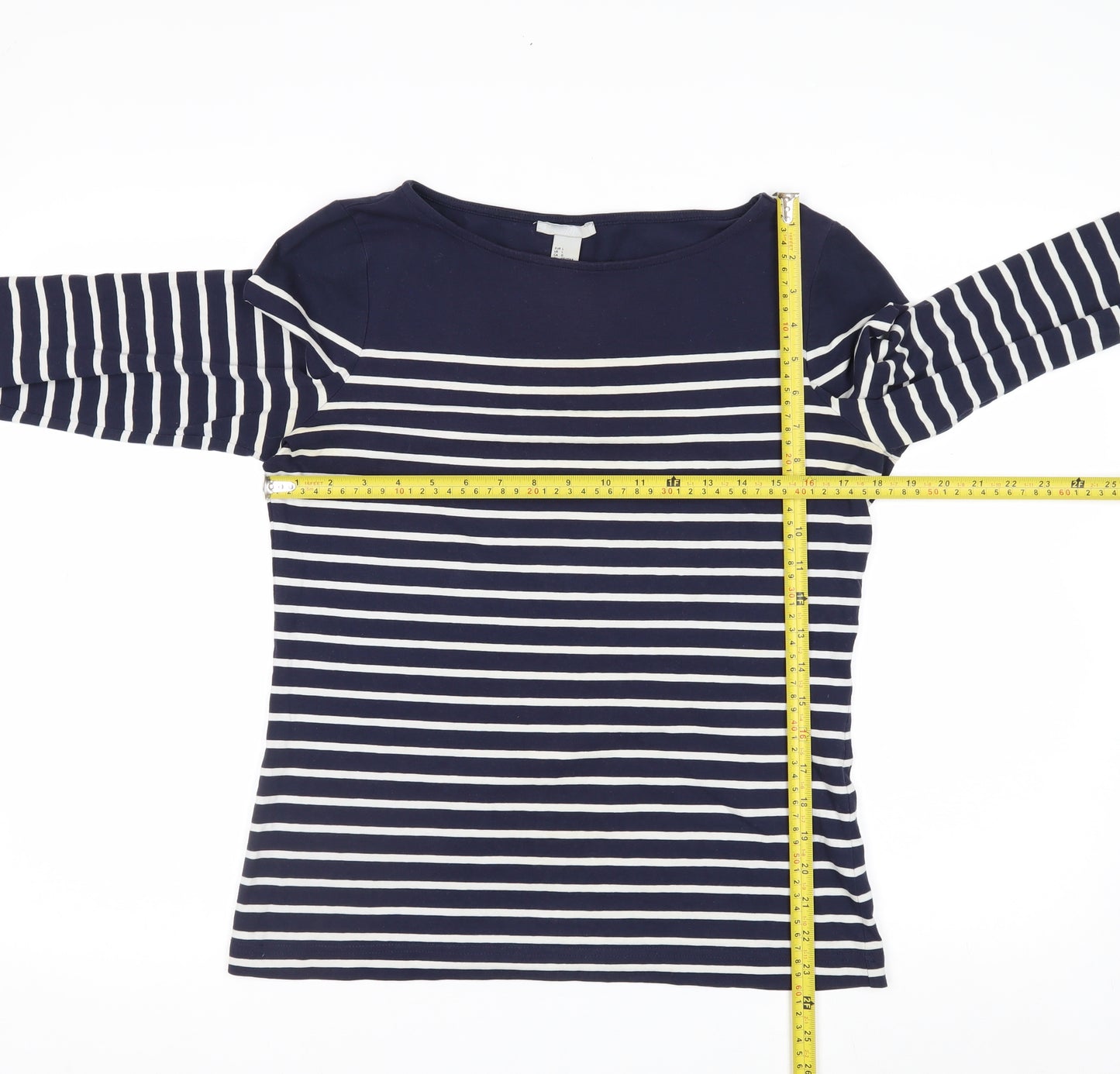H&M Women Blue Striped Boat Neck Long Sleeve Cotton Top Size L