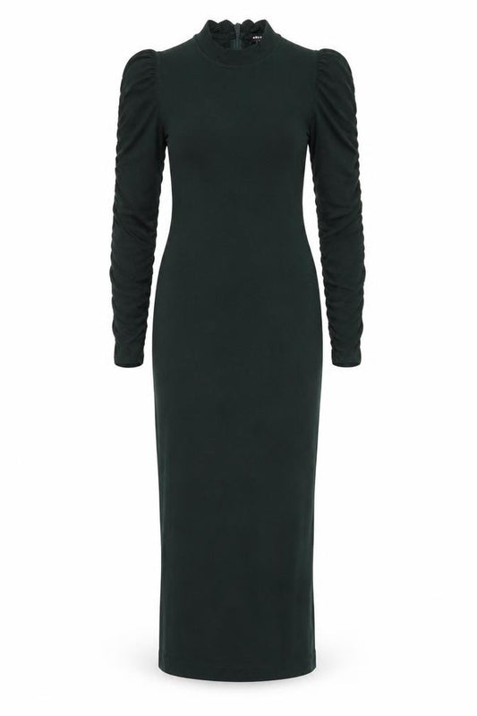 Front view of Whistles Petite Green Bodycon Midi Dress UK 8 Long Sleeve High Neck