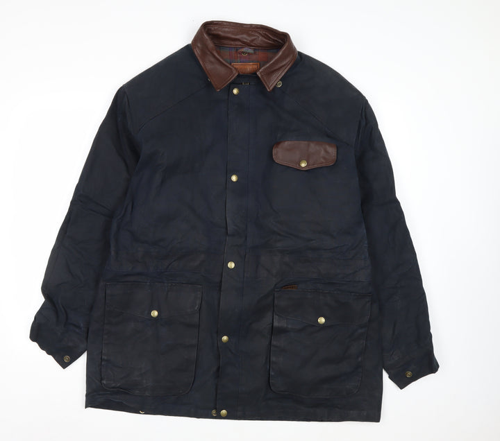 Koolah Men's Blue Waxed Cotton Jacket L Leather Collar Outdoor Style