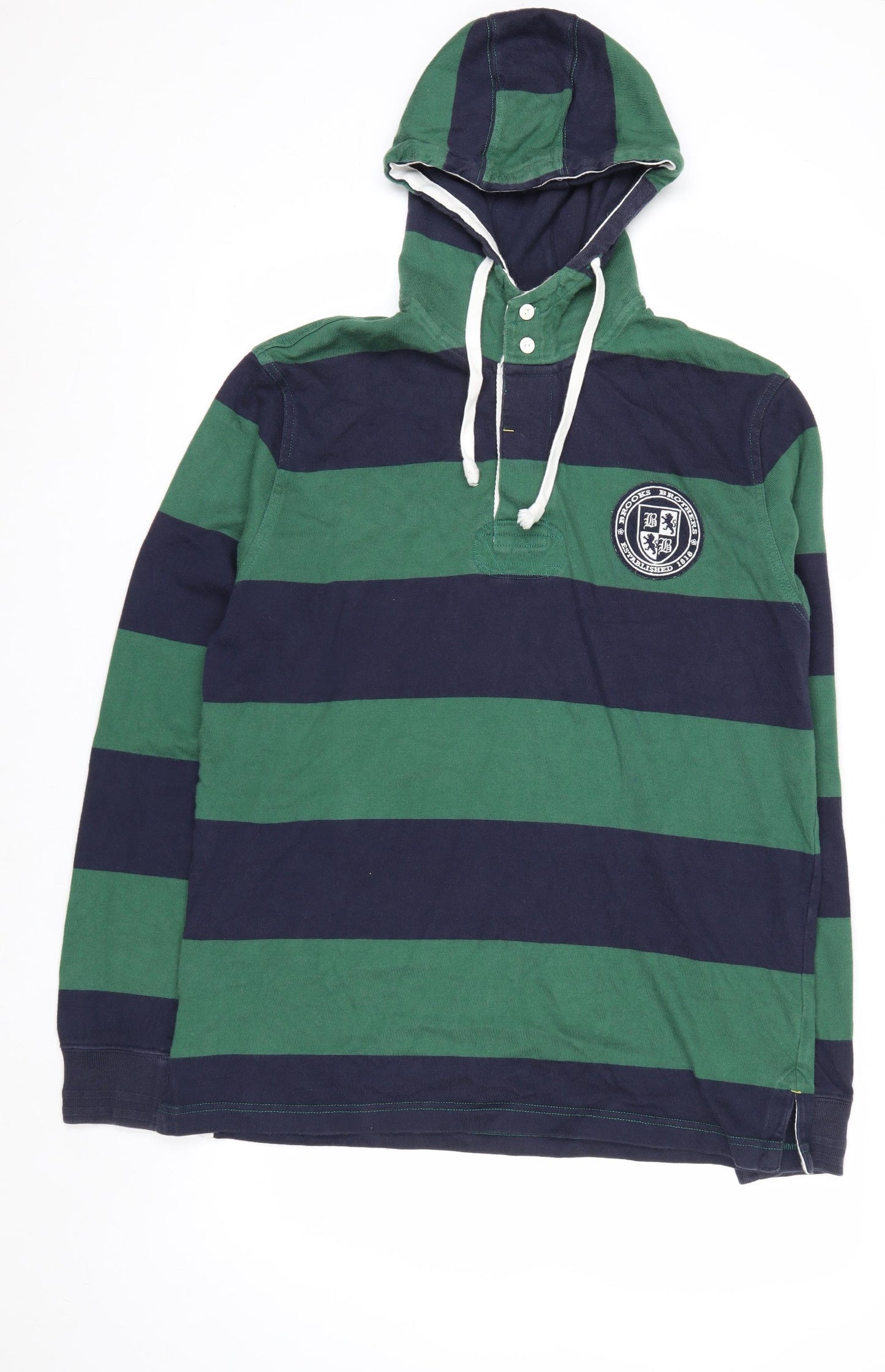 Brooks Brothers Men's Green Striped Hooded Henley Jumper L