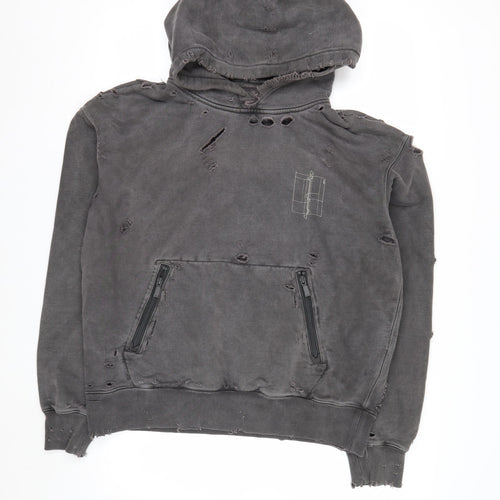 C2H4 Men's Grey Distressed Pullover Hoodie Small Grunge Zip Style