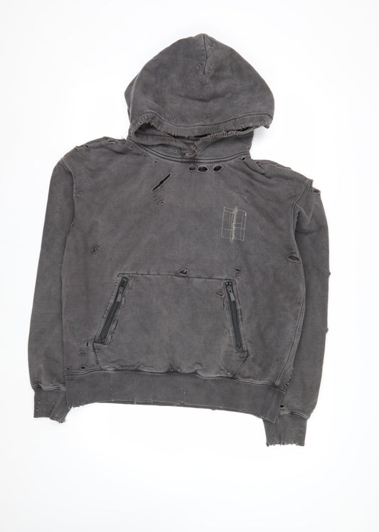 C2H4 Men's Grey Distressed Pullover Hoodie Small Grunge Zip Style