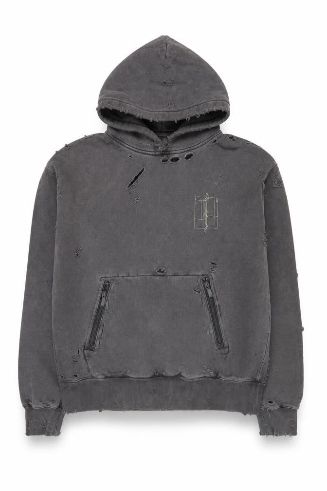 Front view of C2H4 Men's Grey Distressed Pullover Hoodie Small Grunge Zip Style