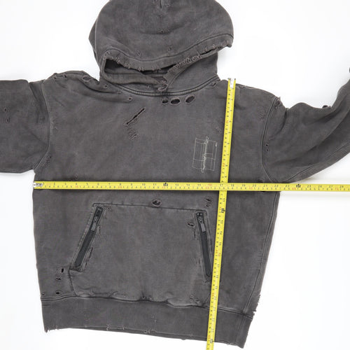 C2H4 Men's Grey Distressed Pullover Hoodie Small Grunge Zip Style