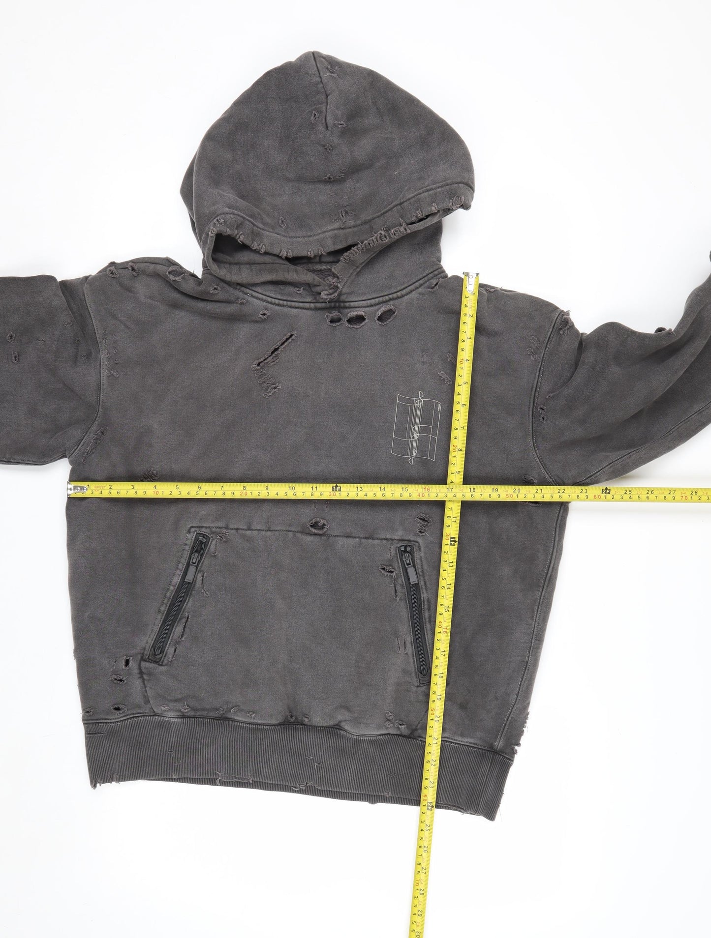 C2H4 Men's Grey Distressed Pullover Hoodie Small Grunge Zip Style
