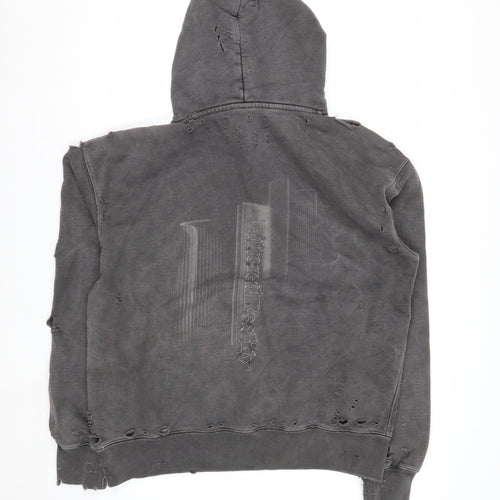 C2H4 Men's Grey Distressed Pullover Hoodie Small Grunge Zip Style