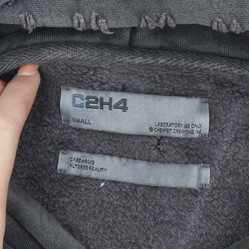 C2H4 Men's Grey Distressed Pullover Hoodie Small Grunge Zip Style