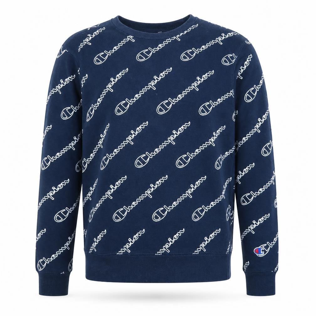 Front view of Champion men’s blue logo pullover sweatshirt, size L, regular fit