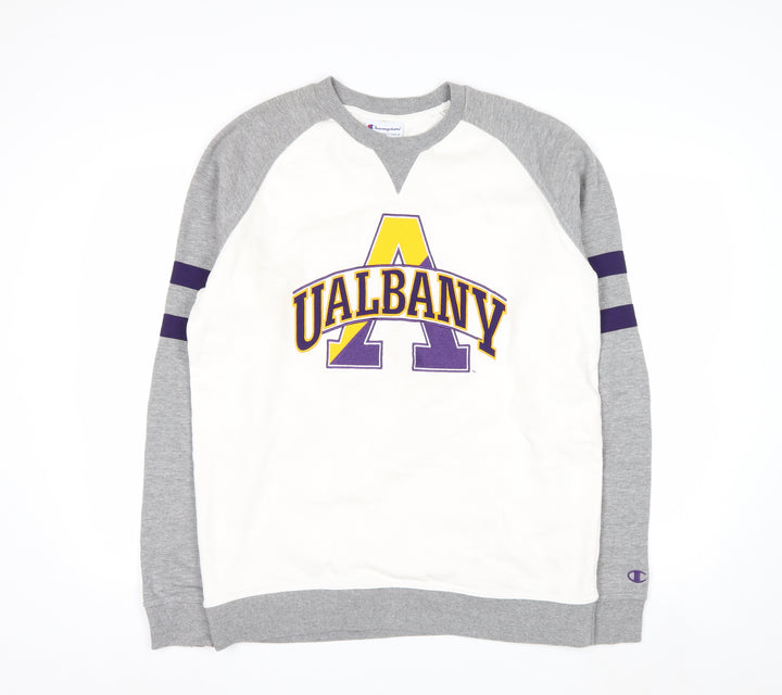 Champion Mens Grey White UAlbany Logo Sweatshirt M Pullover