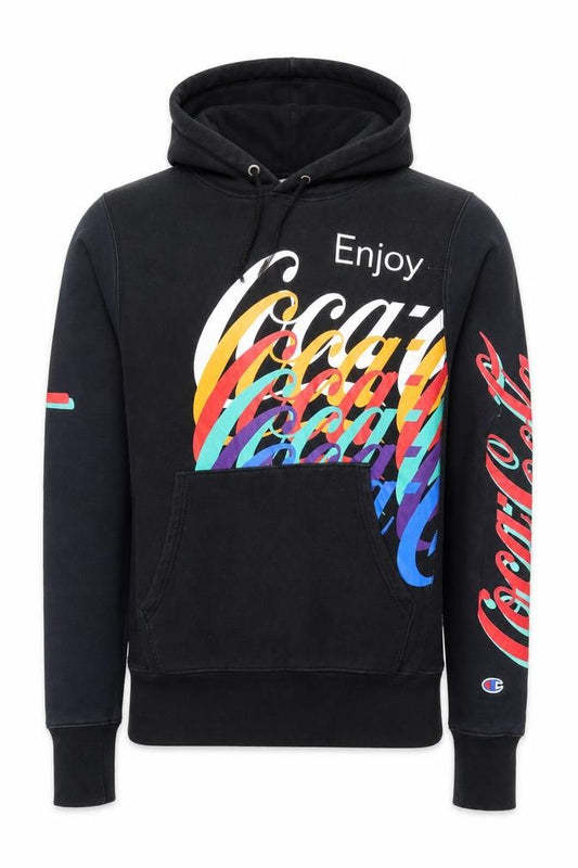 Front view of Champion Men's Black Small Pullover Hoodie Coca-Cola Graphic Print