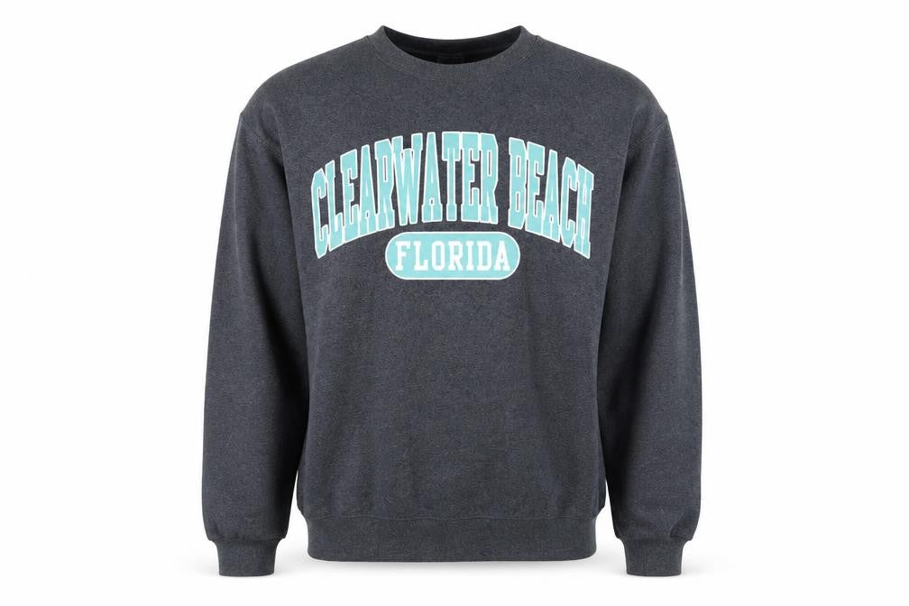Front view of Jerzees Men's Grey Clearwater Beach Florida Graphic Pullover Sweatshirt M
