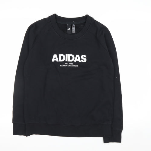Adidas Women Black Crew Neck Pullover Sweatshirt M 12-14 Logo Print