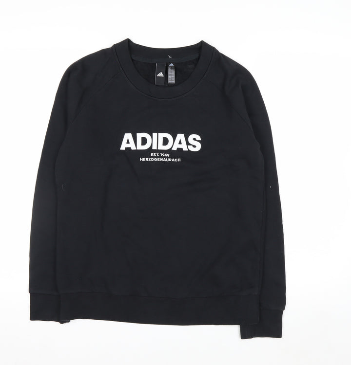 Adidas Women Black Crew Neck Pullover Sweatshirt M 12-14 Logo Print