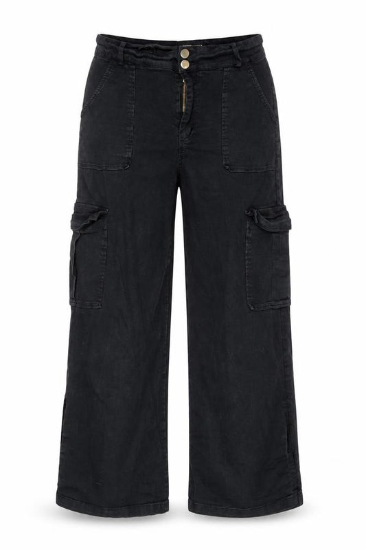 Front view of Pink Vanilla Women’s Black Cargo Wide-Leg Trousers, size UK 14