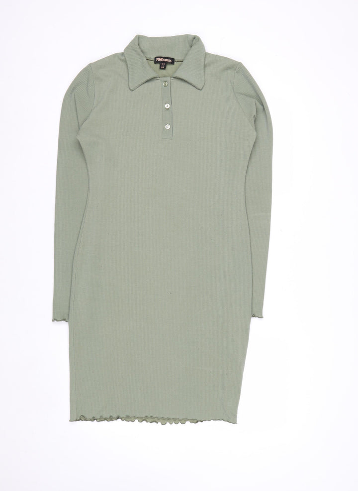 Pink Vanilla Women Green Collared Long Sleeve Knit Shirt Dress Size 12