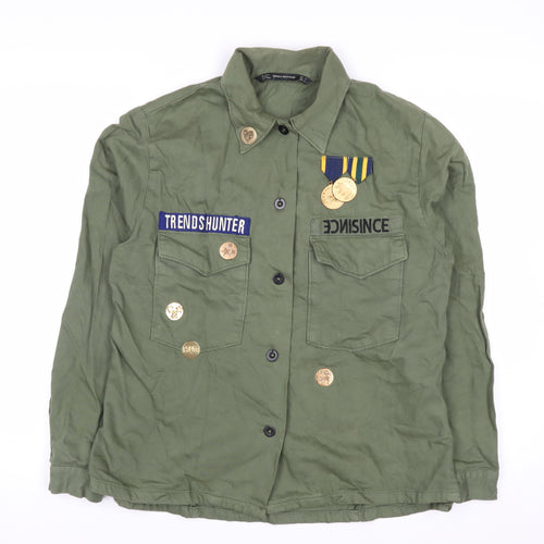 ZARA Women Green Military Button-Up Twill Cotton Shirt Size 8