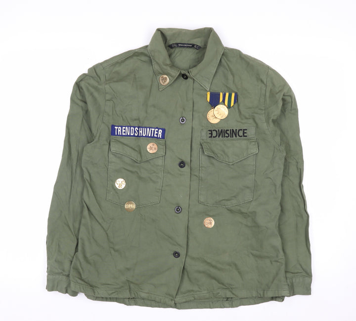 ZARA Women Green Military Button-Up Twill Cotton Shirt Size 8