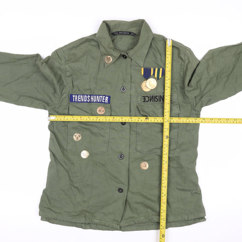 ZARA Women Green Military Button-Up Twill Cotton Shirt Size 8