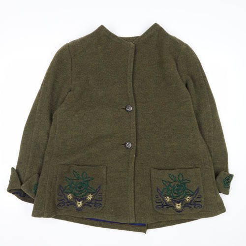 Krizia Women's Green Wool Embroidered Mid-Length Coat Size 14