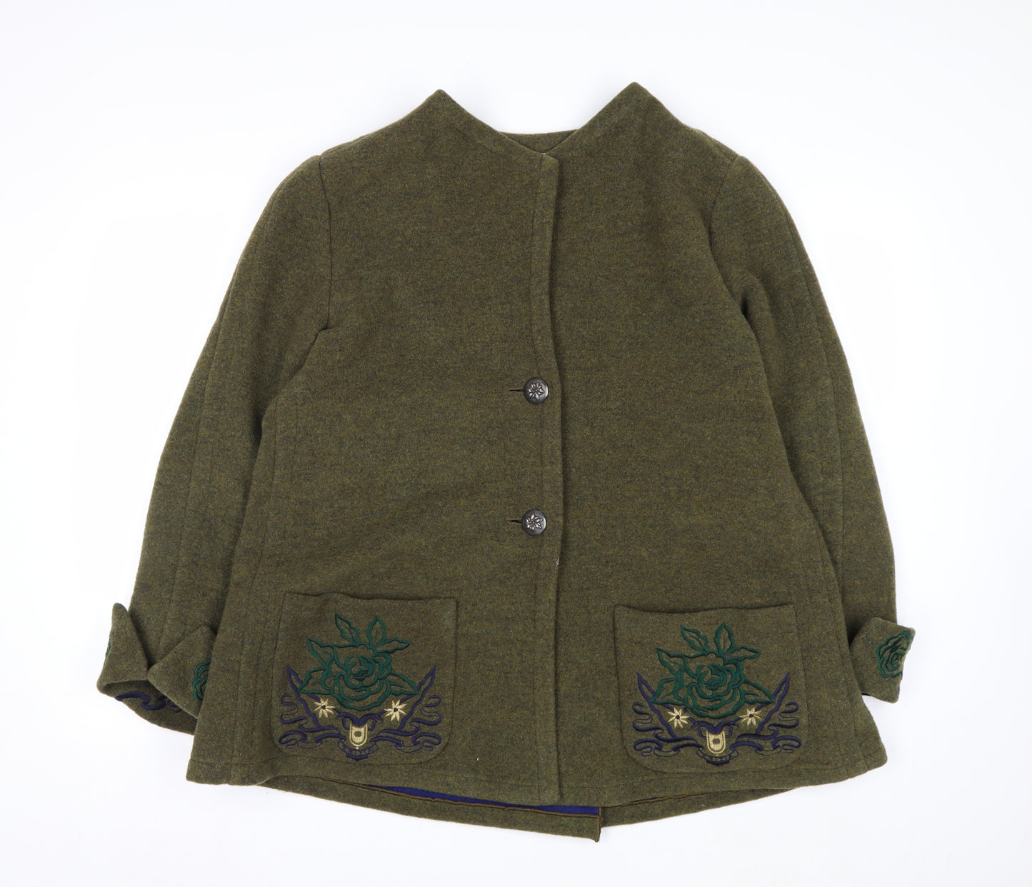 Krizia Women's Green Wool Embroidered Mid-Length Coat Size 14