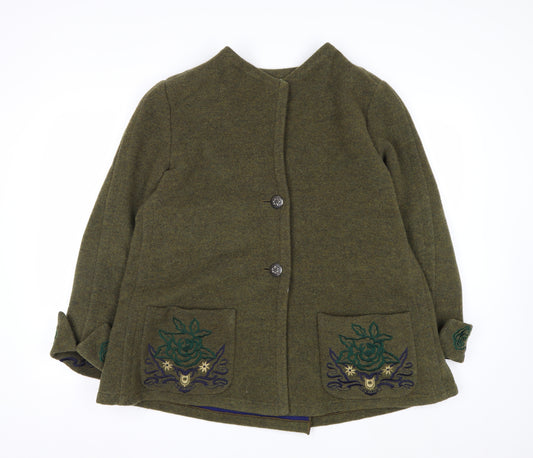 Krizia Women's Green Wool Embroidered Mid-Length Coat Size 14