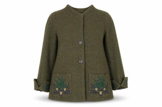 Front view of Krizia Women's Green Wool Embroidered Mid-Length Coat, size 14