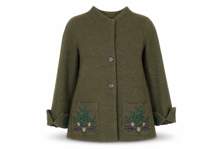 Krizia Women's Green Wool Embroidered Mid-Length Coat Size 14