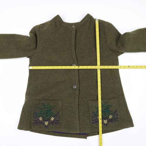 Krizia Women's Green Wool Embroidered Mid-Length Coat Size 14