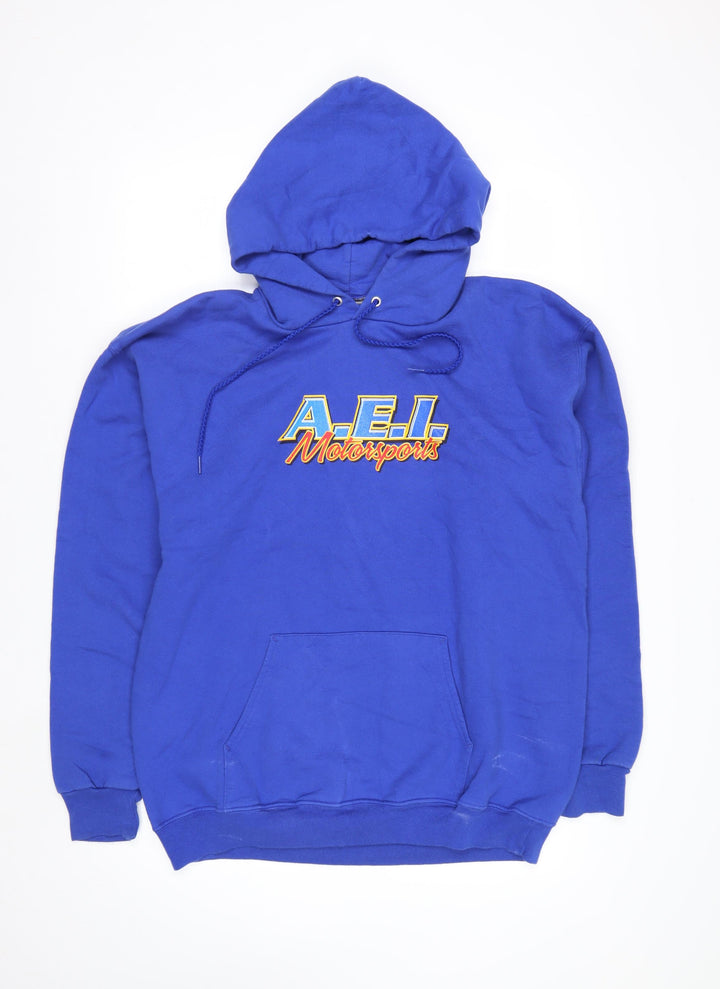 Hanes Mens Blue AEI Motorsports Pullover Hoodie Size M Vintage Fleece