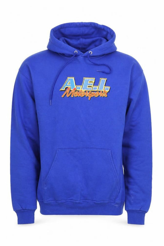 Front view of Hanes men’s blue aei motorsports pullover hoodie, size M, vintage fleece