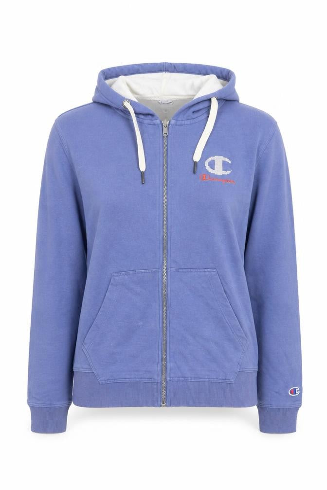 Front view of Champion Women's Blue Full Zip Hoodie, size M, Cotton Blend
